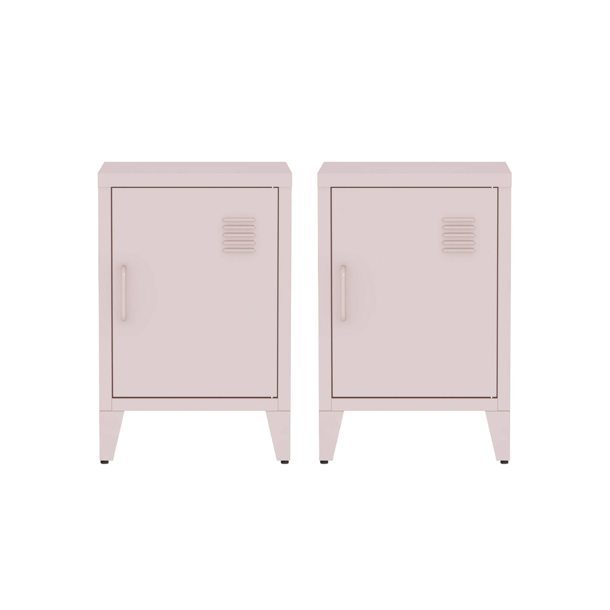 Lot de 2 tables de chevet en acier 1 porte. Rose. casier. L 38 x P 38 x H 55.7 cm