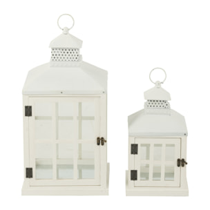 J-Line Set 2 Lanterne Maisons Bois De Sapin/Metal Blanc