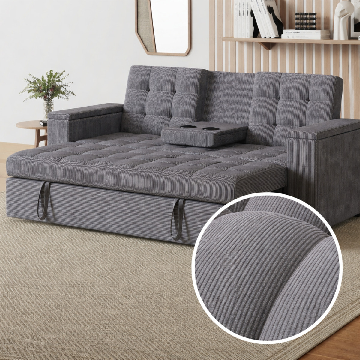 Canapé 3 places convertible avec tablette centrale et accoudoirs amovibles gris velours côtelé TILIA