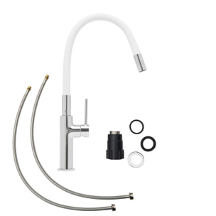 set mitigeur lavabo à levier sans vidage + mitigeur cuisine bec flexible, aérateur Neoperl®, blanc (SATBSD271B)