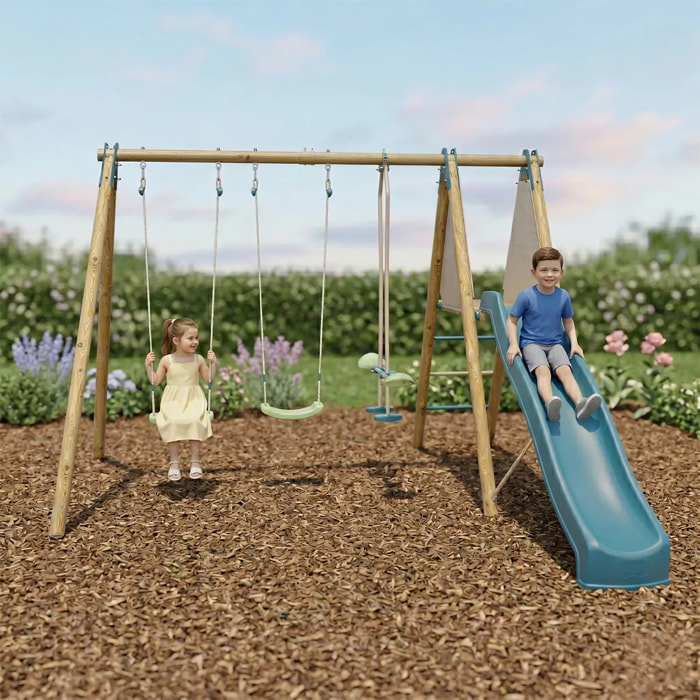 Balançoire en bois poutre métal Techwood OPTIMA 2 Trigano 2,30 m avec toboggan