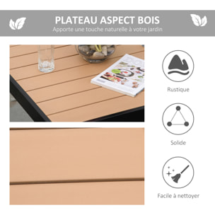 Table de jardin 2 personnes dim. 78 x 78 x 74 cm aluminium noir plastique effet bois naturel