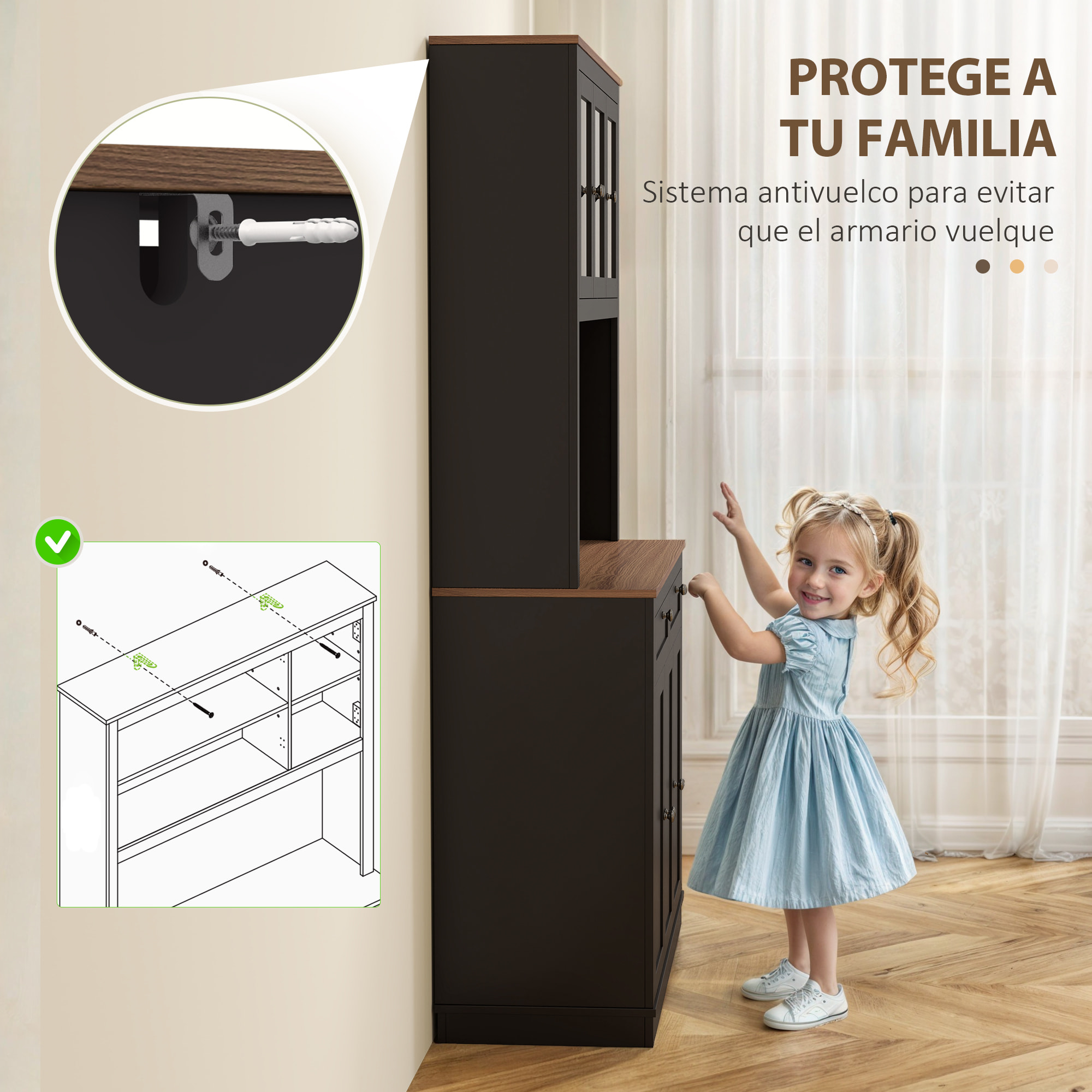 Alacena de Cocina, Mueble Auxiliar de Cocina, con 3 Puertas de Vidrio, Encimera Abierta para Microondas, 2 Cajones y Estantes Ajustables, 100x40x180 cm, Negro