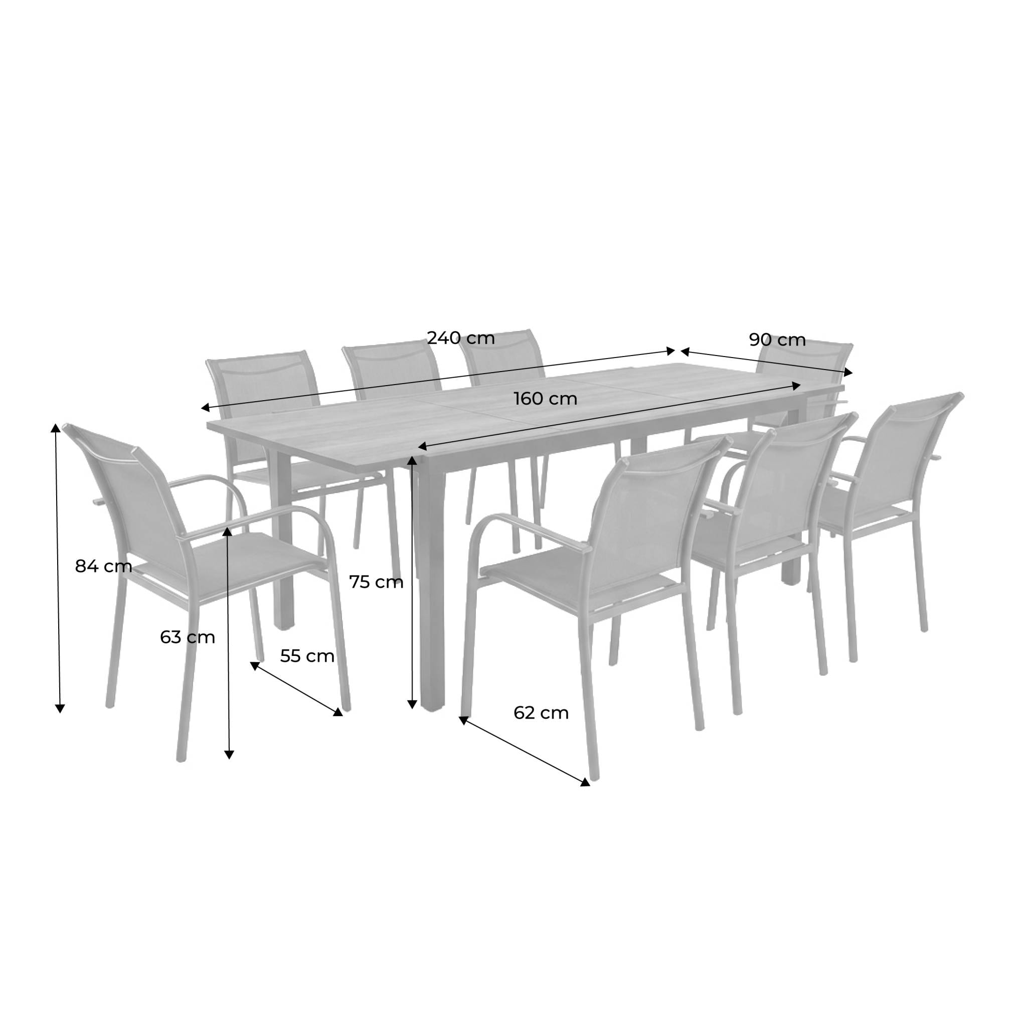 Table de jardin extensible aluminium effet bois + 8 assises NASHVILLE 240 + AMARA