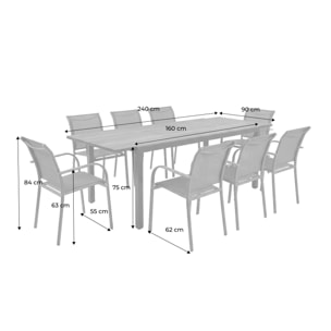 Table de jardin extensible aluminium effet bois + 8 assises NASHVILLE 240 + AMARA