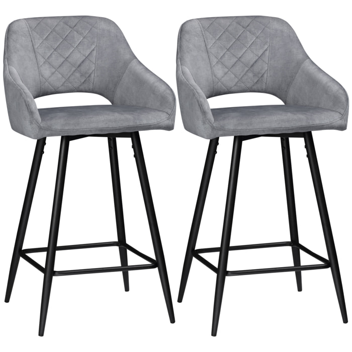 Lot de 2 tabourets de bar design Chesterfield dossier ajouré effet capitonné piètement acier effilé noir velours gris