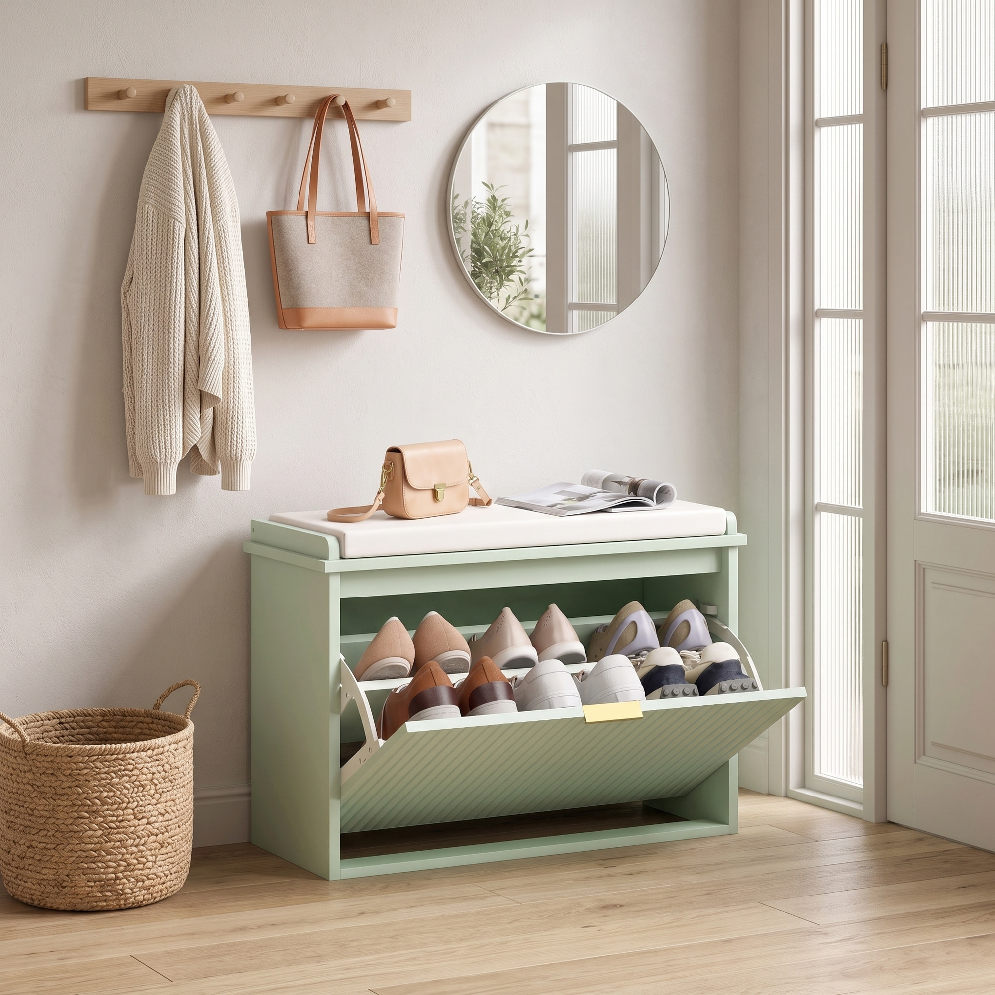 Banc meuble à chaussures design 2 en 1 - porte, séparateur réglable amovible - vert doré