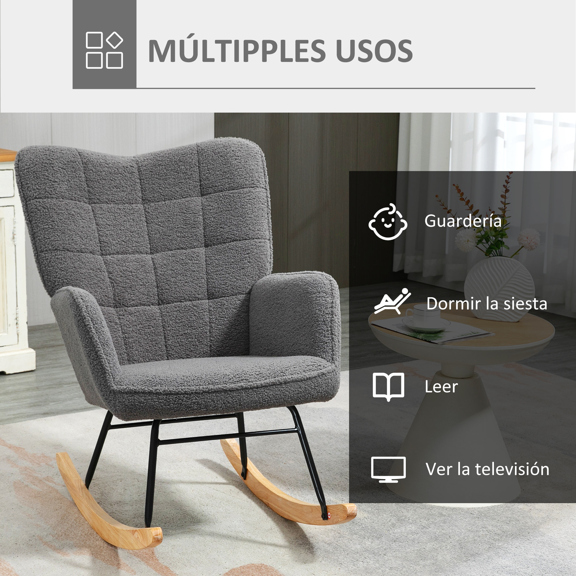 Mecedora de Borreguito Silla Mecedora con Patas de Madera de Haya y Marco de Acero Silla para Lactancia Carga 120 kg para Dormitorio Salón Gris Oscuro