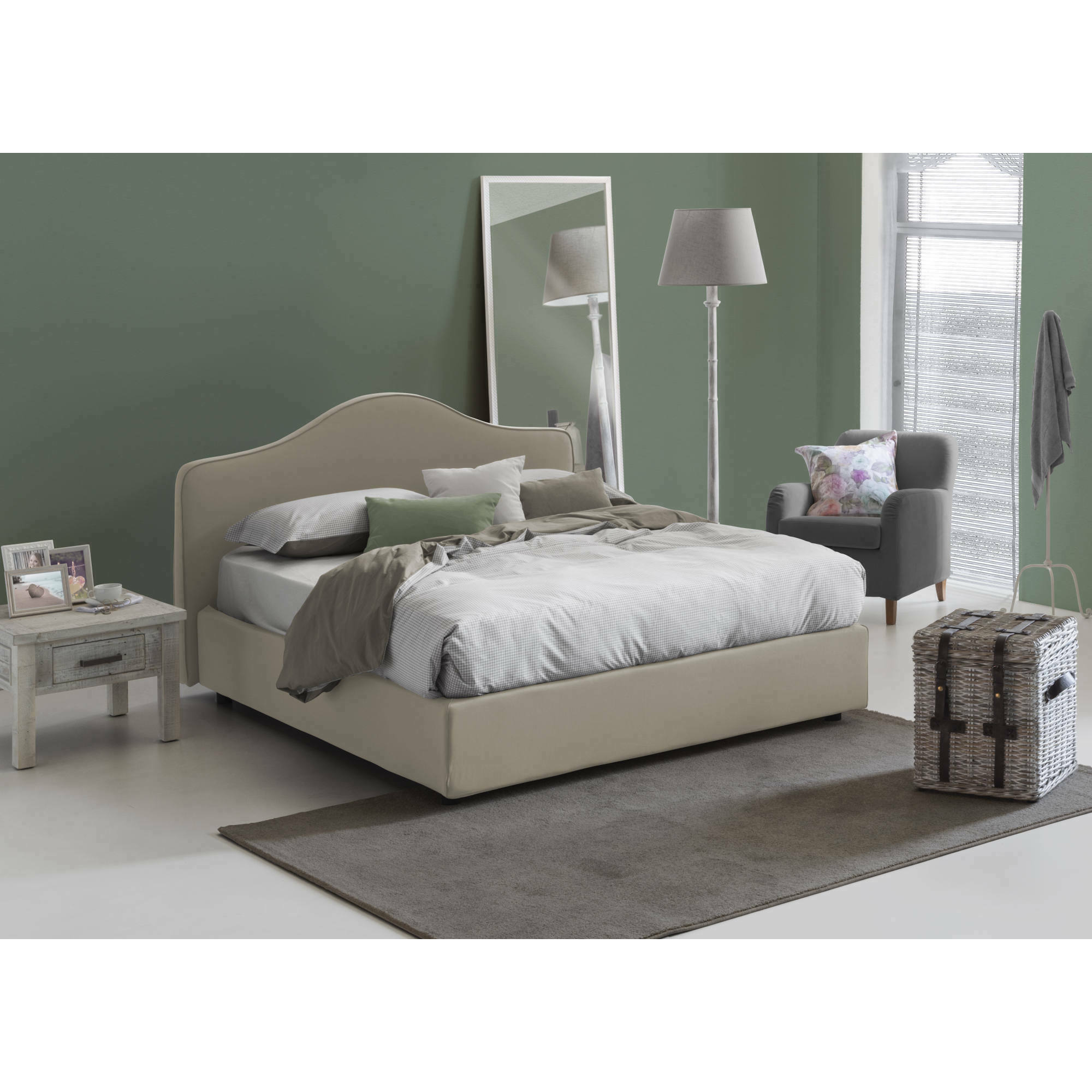 Letto matrimoniale Verdite, Letto contenitore con rivestimento in tessuto, 100% Made in Italy, Apertura frontale, con materasso Cm 160x200 incluso, Tortora