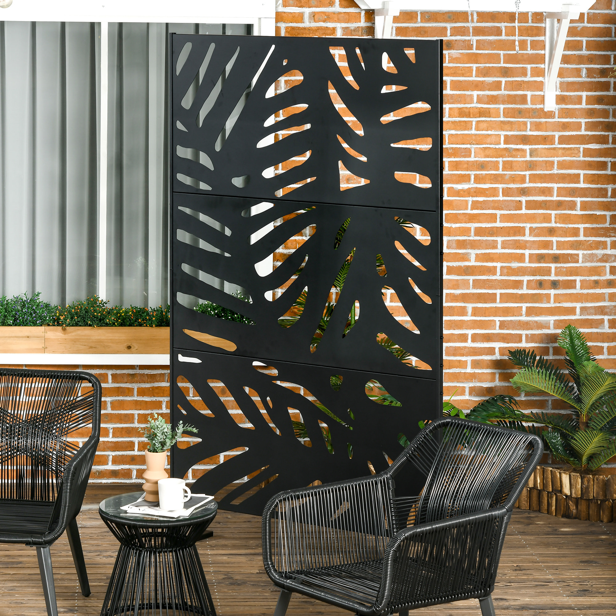 Panneau décoratif extérieur métal - brise vue motif feuilles - visserie incluse - dim. 122L x 45l x 198H cm - acier thermolaqué noir