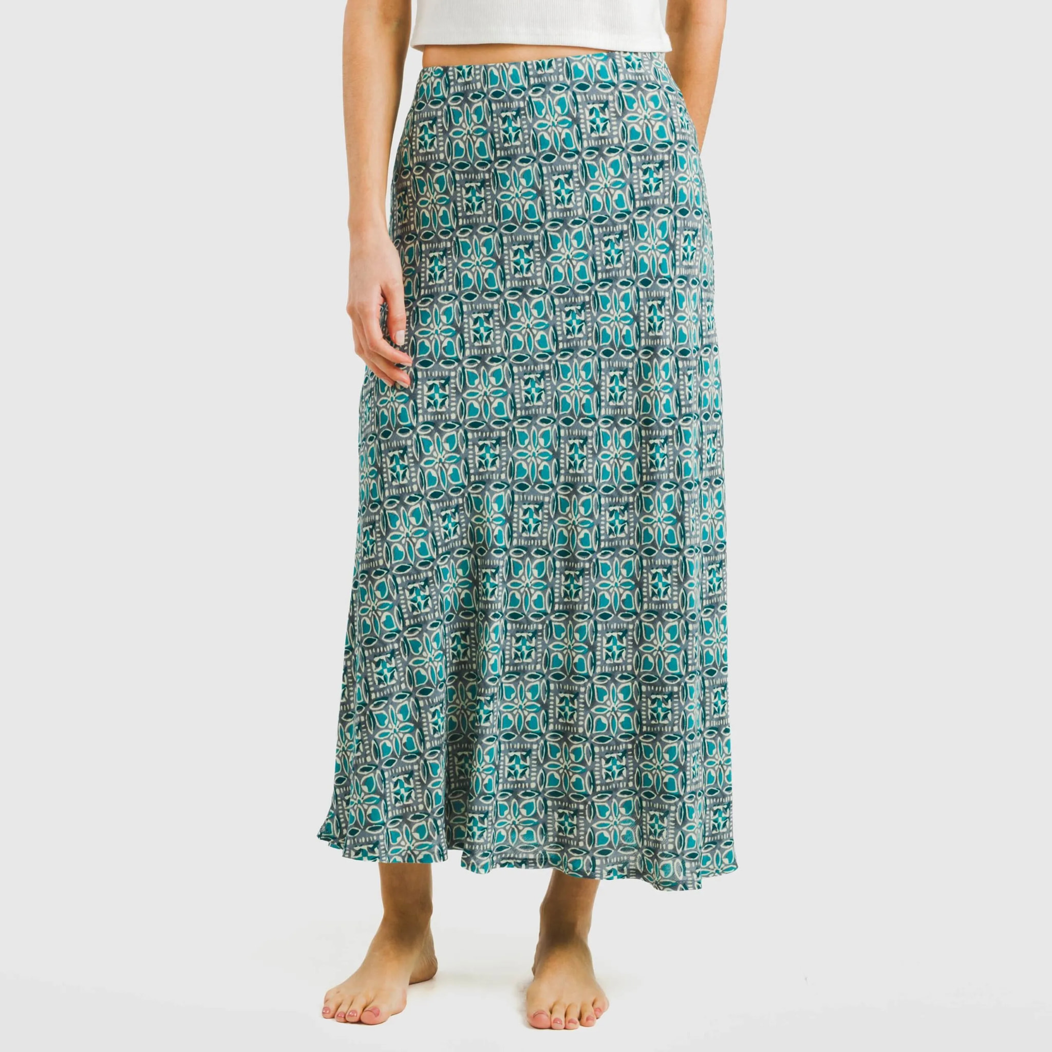 Falda midi viscosa bambula Malura Agua Marina