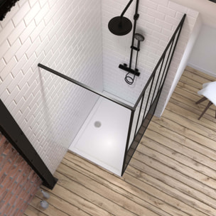 Pack Paroi de douche 100x200 CM NOIR MAT - VERRE TREMPE 5 mm + RECEVEUR A POSER RECTANGLE