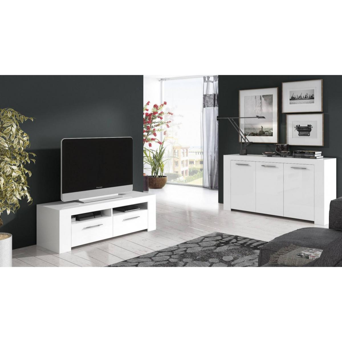 Credenza Bellevue, Madia moderna a 3 ante, Buffet da soggiorno, Mobile porta TV, Madia per salotto, cm 144x42h80, Bianco