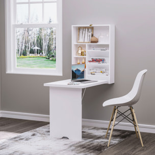 Bureau pliable rabattable - bureau bibliothèque 2 en 1 - étagères - blanc