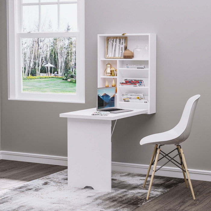 Bureau pliable rabattable - bureau bibliothèque 2 en 1 - étagères - blanc