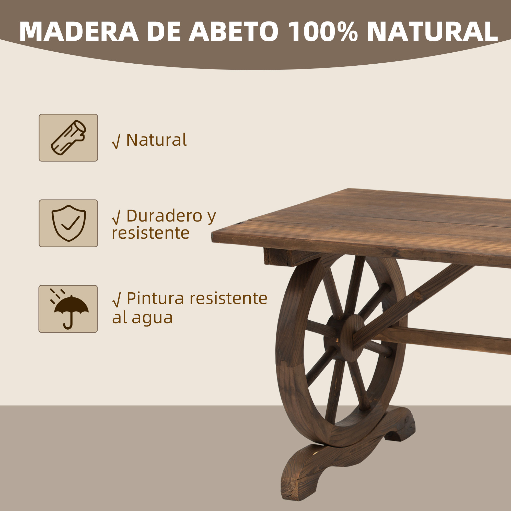 Mesa de Jardín de Madera Mesa de Terraza Exterior 110x60x65 cm con Patas en Forma de Rueda Carga 100 kg Mesa para Exterior Patio Madera Carbonizada