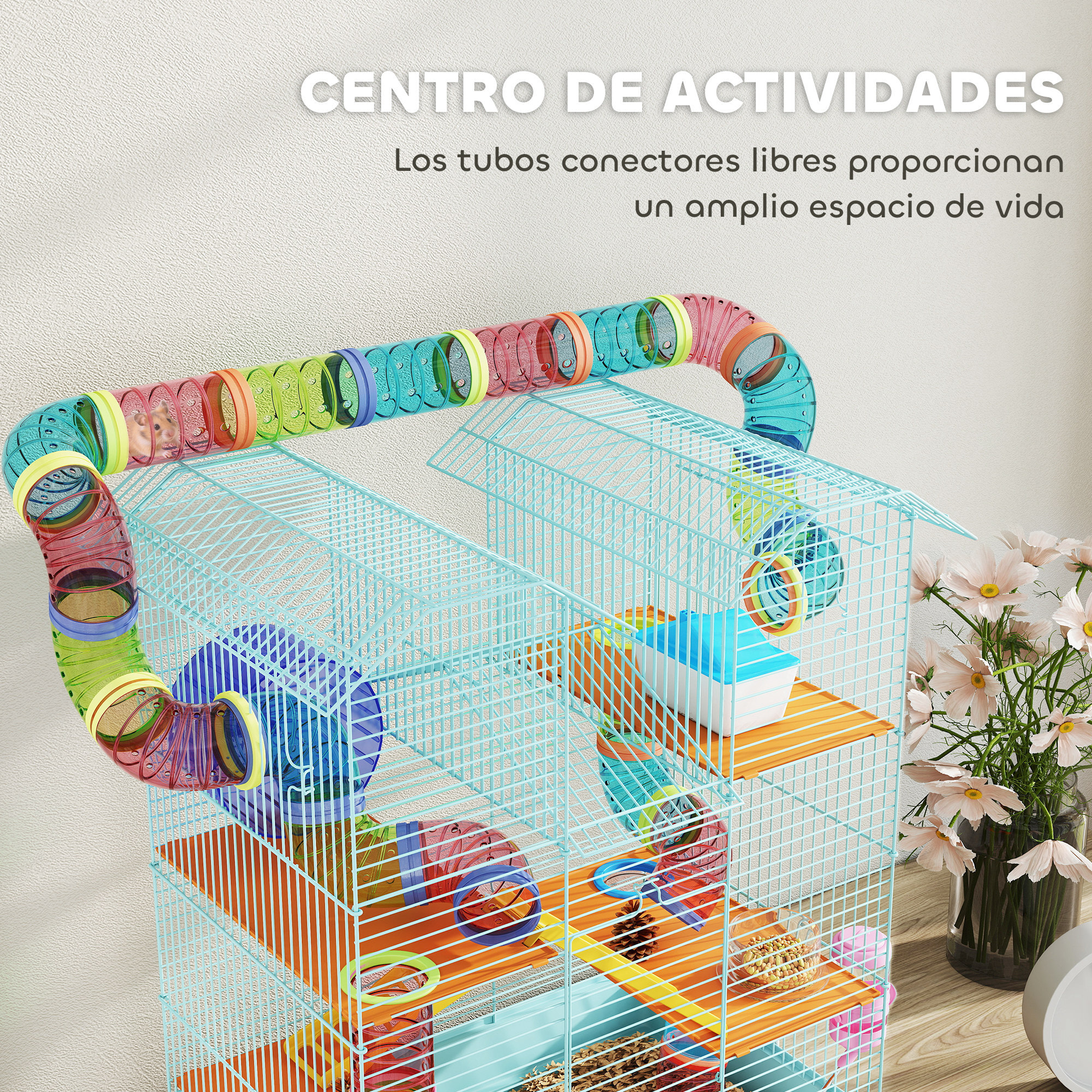 Jaula para Hámster Hábitat para Animales Pequeños de Múltiples Niveles con 4 Plataformas Cuenco de Comida Bebedero Rueda de Ejercicio Escaleras Sistema de Tubos 47x30x59 cm Azul Claro