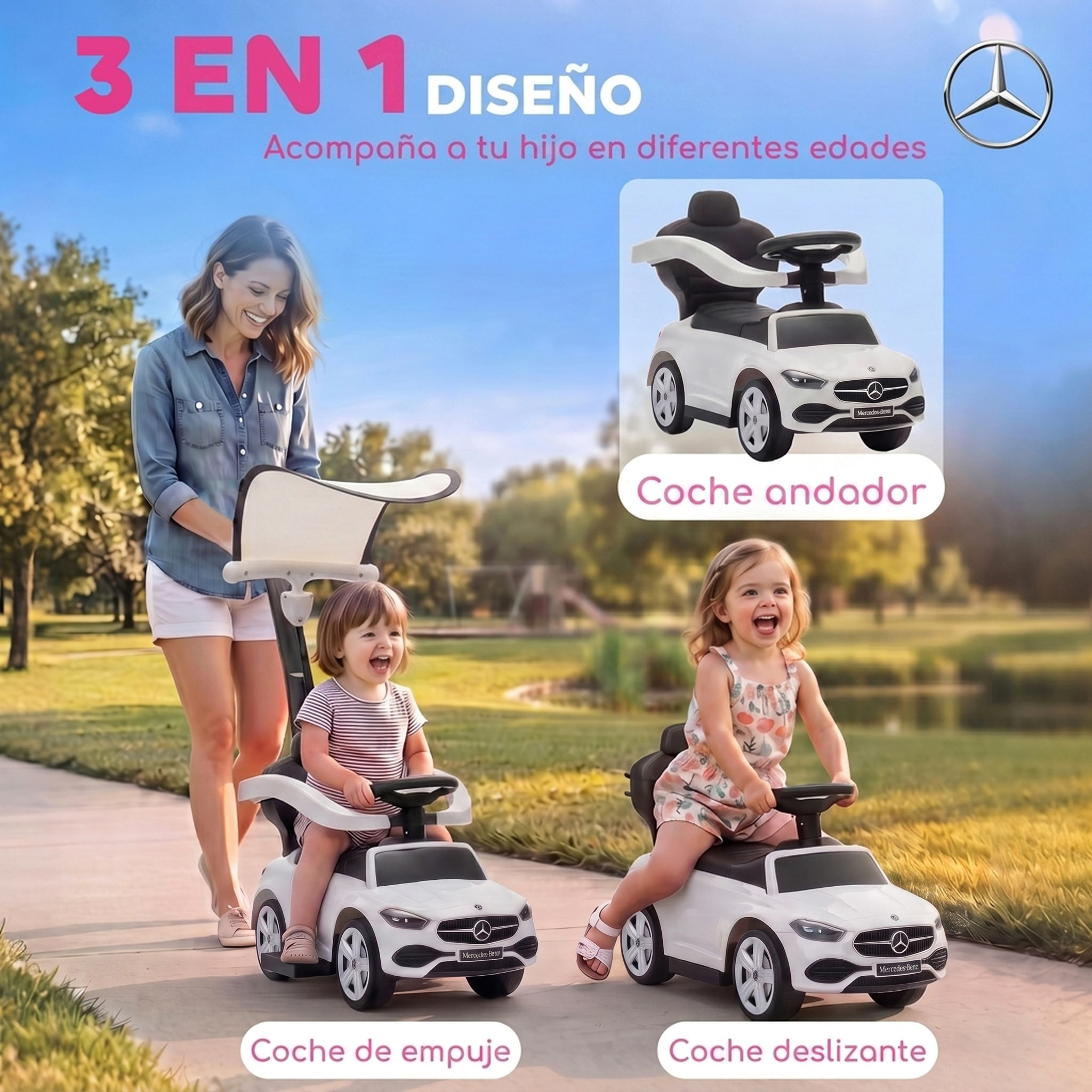 Correpasillos para Bebés 3 en 1 Mercedes-Benz, Coche Correpasillos con Barra de Empuje, Capota Extraíble, Barandilla de Seguridad, Claxon, Música, Almacenaje Bajo Asiento, 12-36 Meses, Blanco