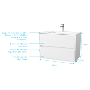 Pack Meuble Salle de Bains 80 cm Laqué Blanc, 2 tiroirs avec Vasque Céramique - XENOS