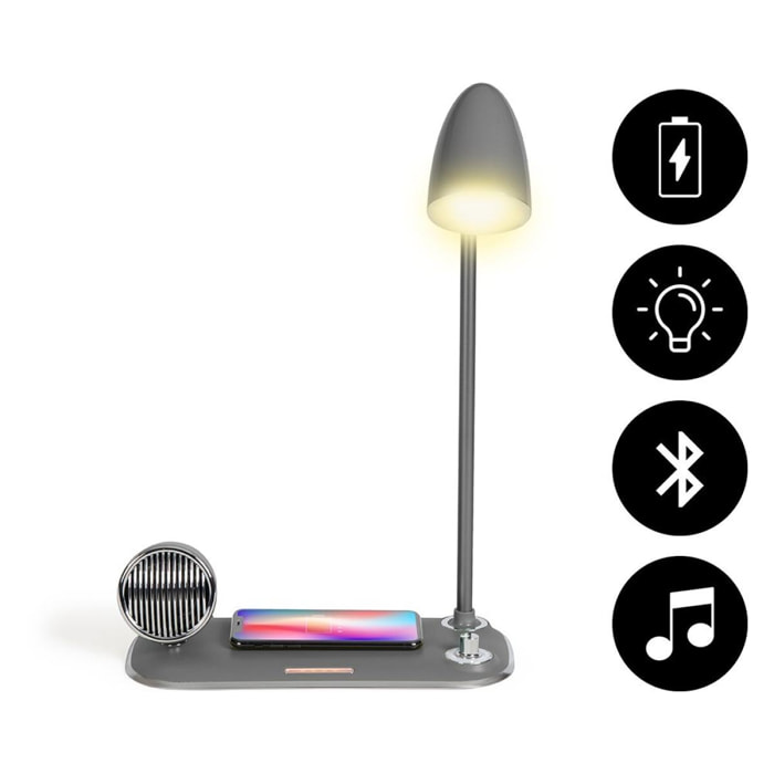 Lampe LED 3 en 1 : chargeur à induction , lampe LED et enceinte Bluetooth 5w Grise