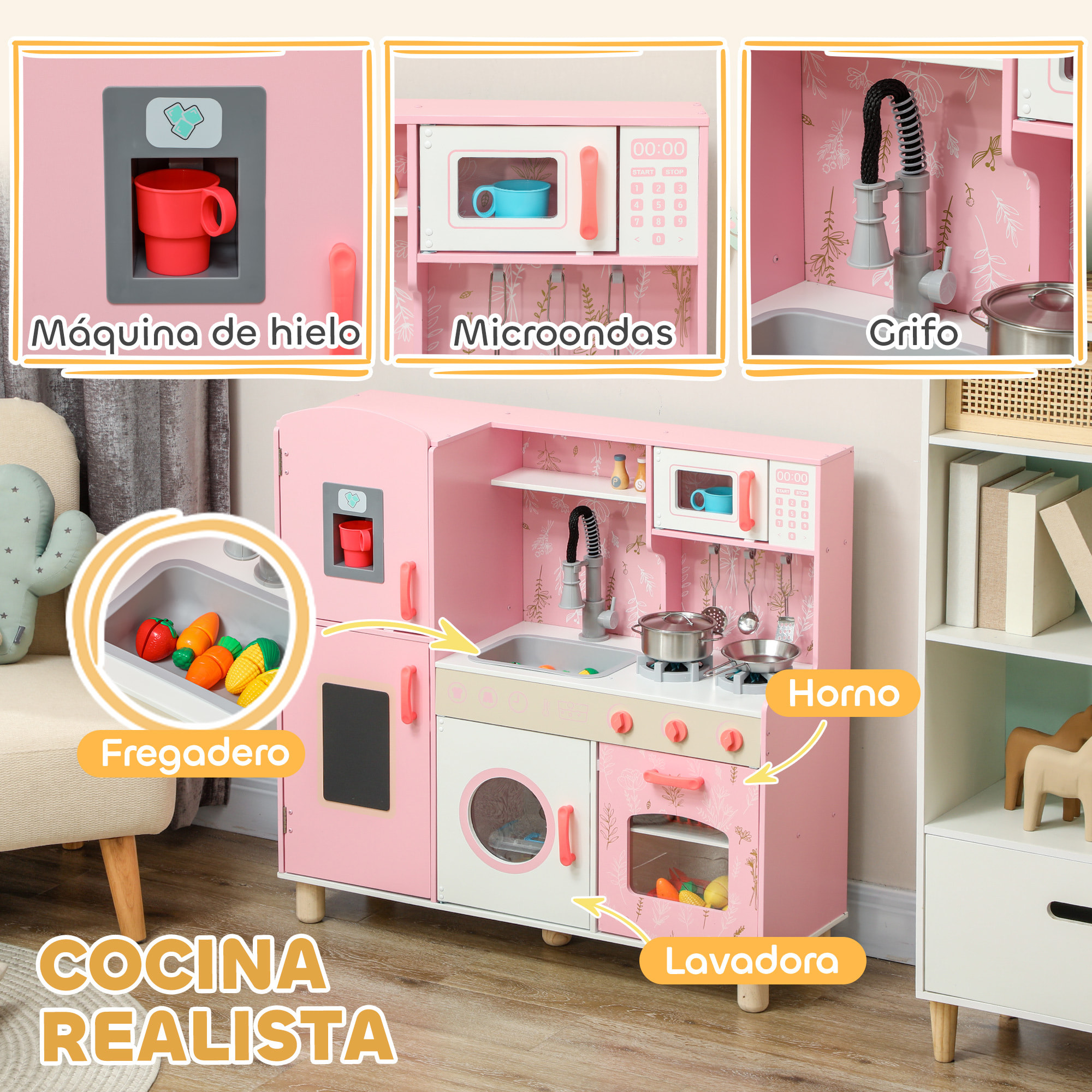 Cocina de Juguete para Niños +3 Años Cocina de Madera Infantil Cocinita Infantil con Sonido Fogón Horno Grifo Fregadero Microondas Lavadora Máquina de Hielo y Accesorios de Cocina Rosa