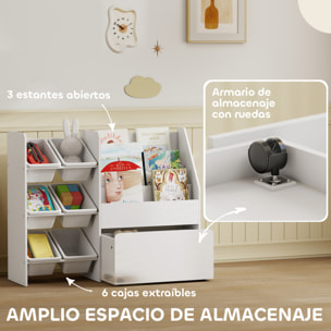 Estantería Infantil para Juguetes, con 6 Cajas Extraíbles, 3 Estantes Abiertos y Cajón Inferior con Ruedas, Organizador de Juguetes para Dormitorio, Sala de Juegos, Guardería, Blanco