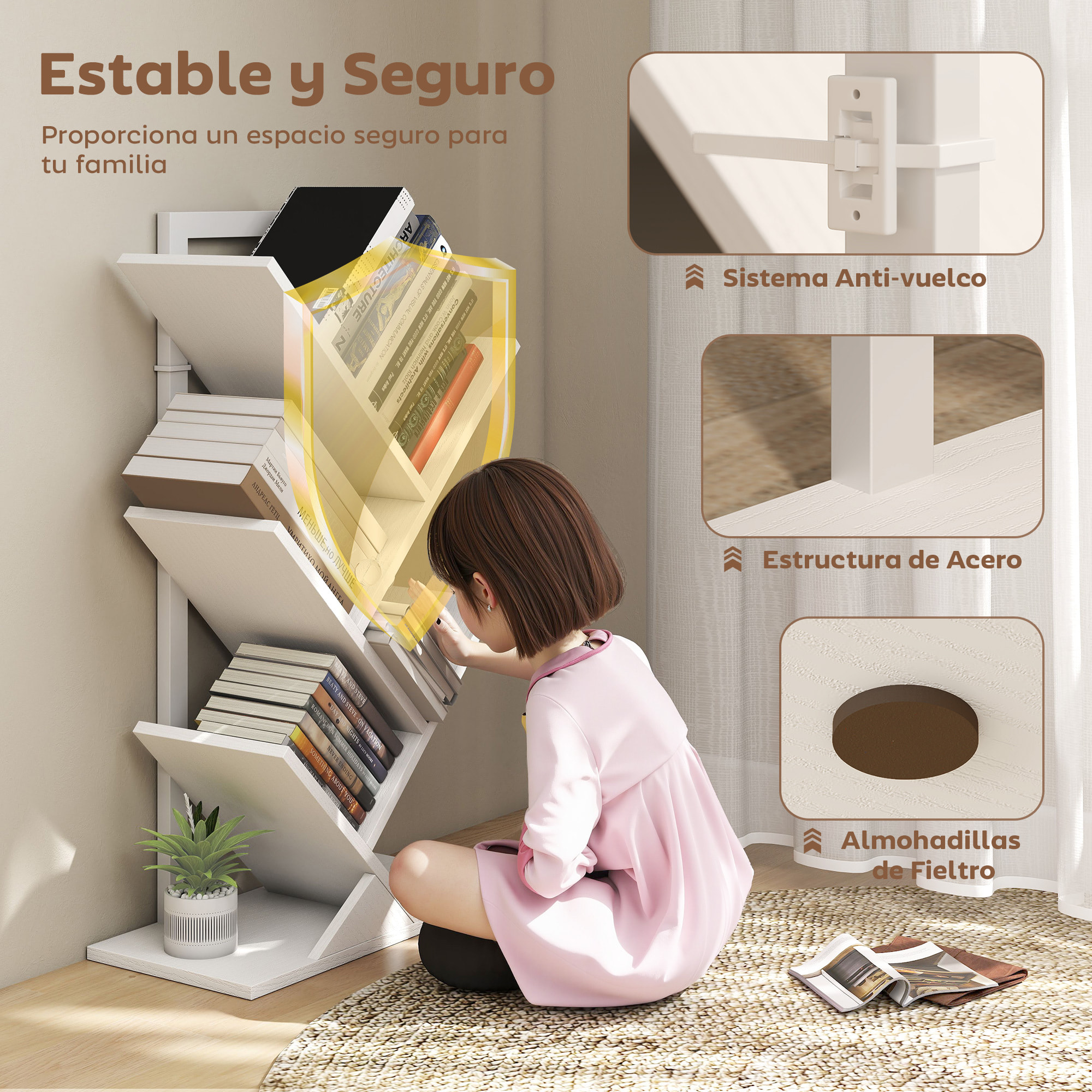 Librería en Forma de Árbol de 5 Niveles, Estantería de Libros con 5 Estantes, Estructura de Acero, para CD, DVD, Álbumes, Sala de Estar, Oficina, Estudio, Dormitorio, 50x24x82 cm, Blanco