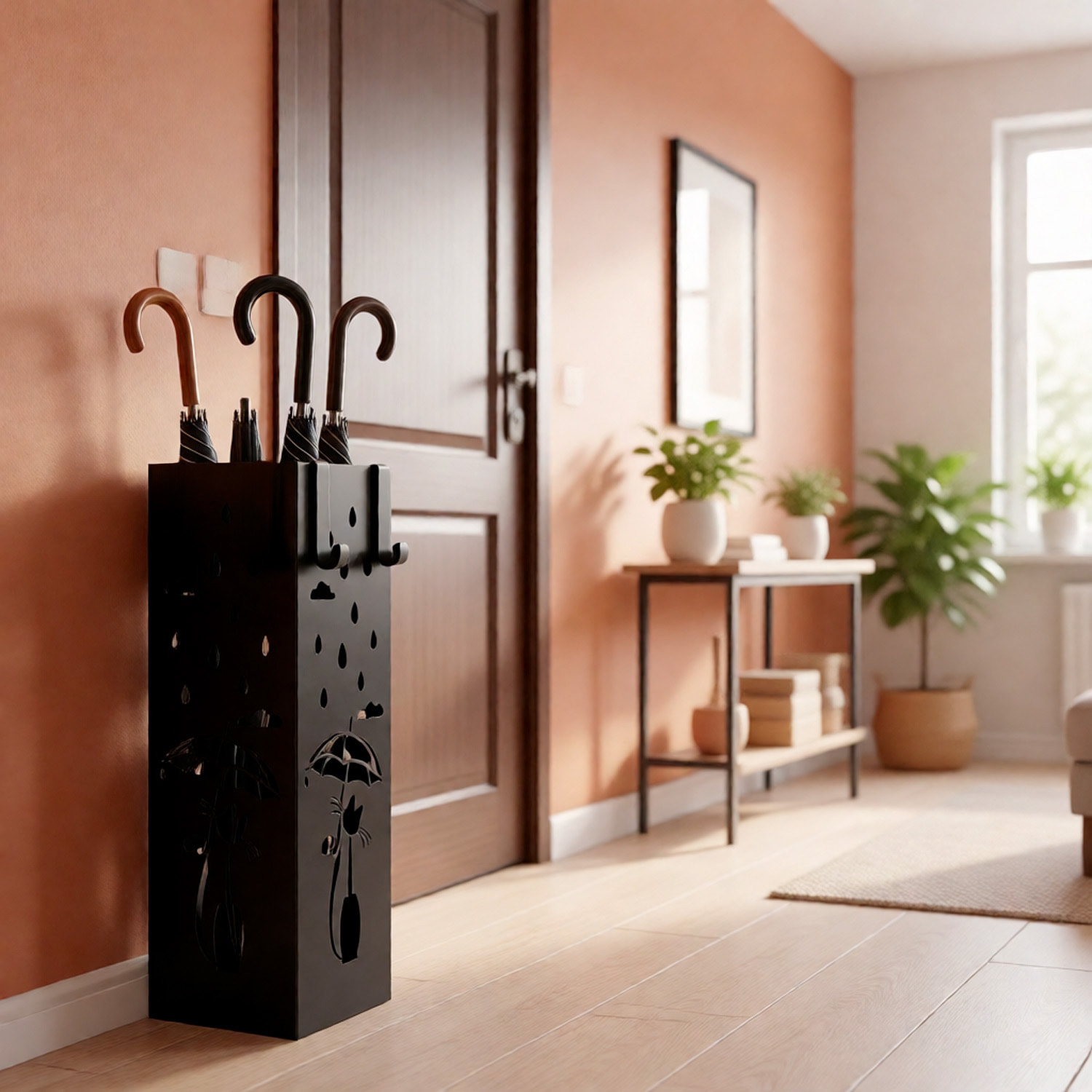 Portaombrelli In Metallo Con Decorazione Gatto Vaschetta Scolapioggia Removibile E 2 Ganci Laterali Base Antiscivolo Quadrato 49 x 15.5 x 15.5 Cm Nero