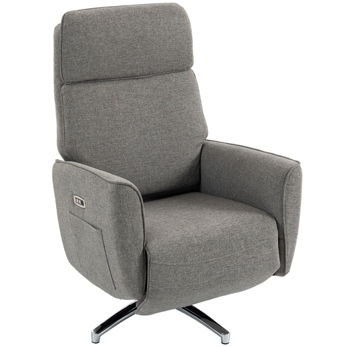 Fauteuil relax design électrique pivotant inclinable réglable acier chromé tissu gris