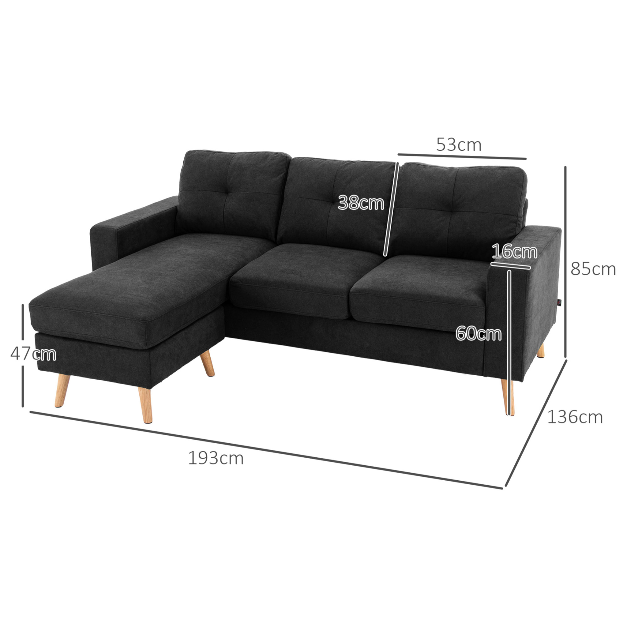 Canapé d'angle 3 places design scandinave - dossier effet capitonné, repose-pied amovible - piètement bois tissu noir