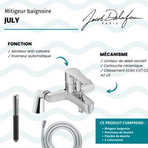 Mitigeur baignoire July + pommeau de douche Shift Ellipse + flexible de douche lisse + colonnettes