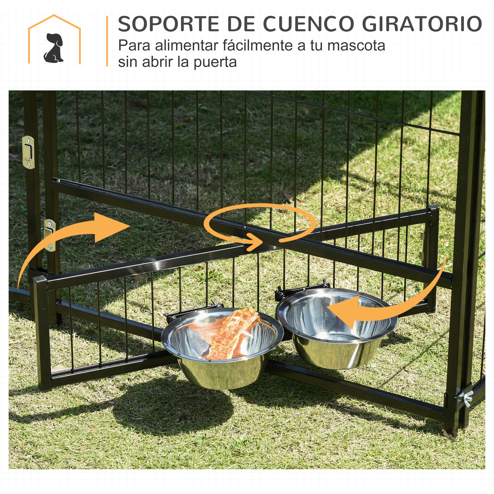 Perrera con Toldo Parque para Perros Metálica de Exterior con Soporte Giratorio para Comida 2 Cuencos para Patio Jardín Terraza 141x141x151 cm Negro