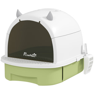 Maison de toilette chat design - porte fumée, pelle, 2 sacs désodorisation, tiroir litière coulissant, poignée - blanc vert