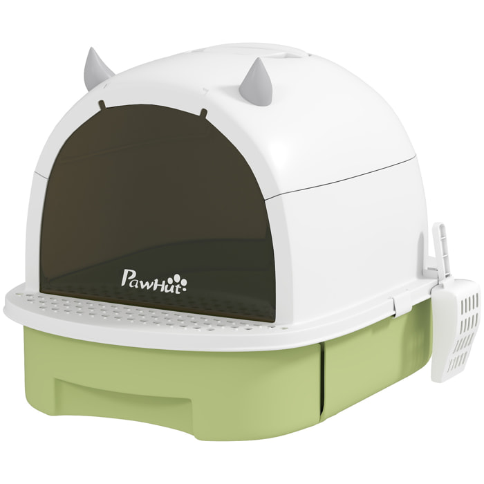 Maison de toilette chat design - porte fumée, pelle, 2 sacs désodorisation, tiroir litière coulissant, poignée - blanc vert