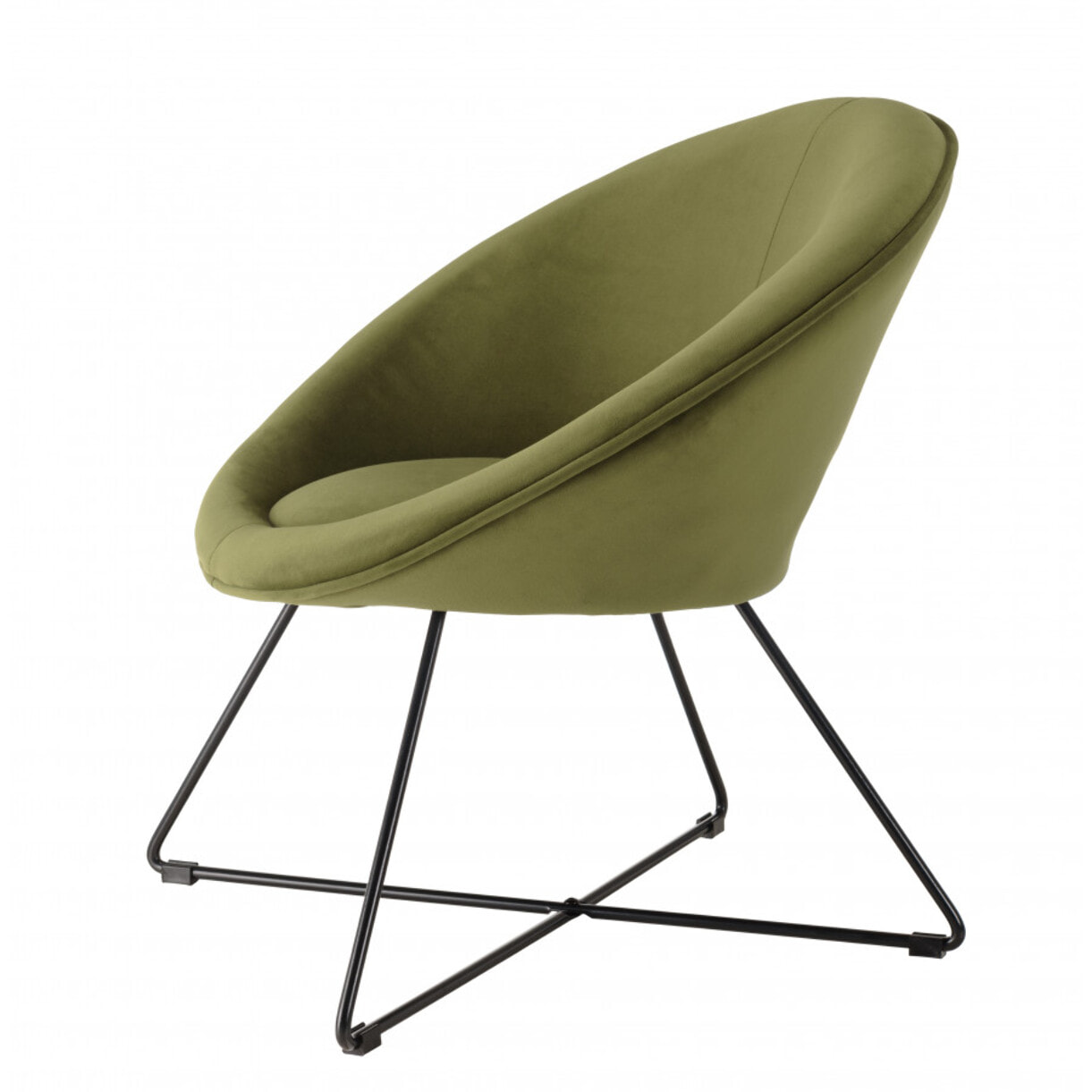 ALBANE - Fauteuil tissu velours vert olive pieds croisés métal noir