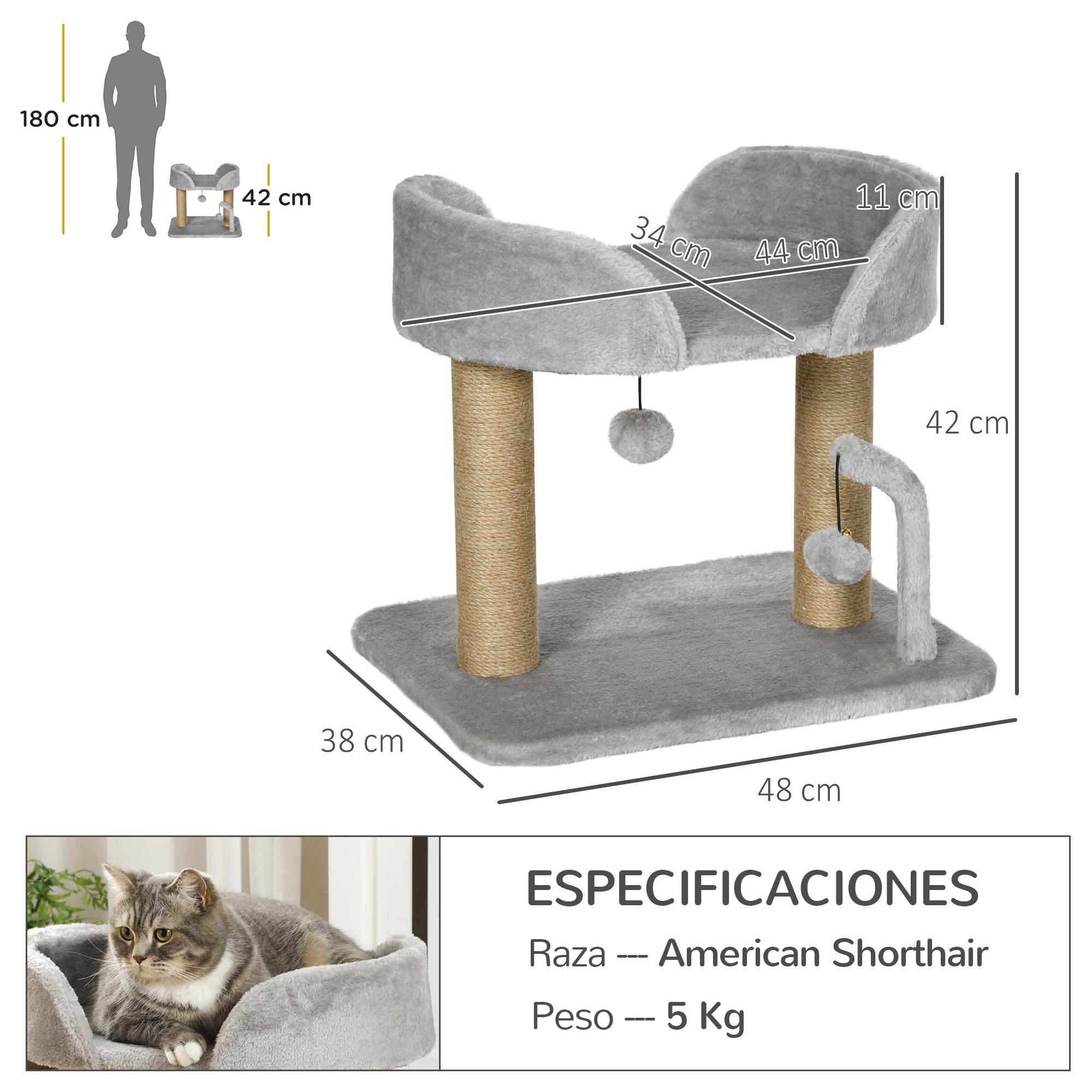 Árbol Rascador para Gatos Pequeños Altura 42 cm Árbol para Gatos con Nido Bolas Colgantes y Postes de Sisal 48x38x42 cm Gris Claro