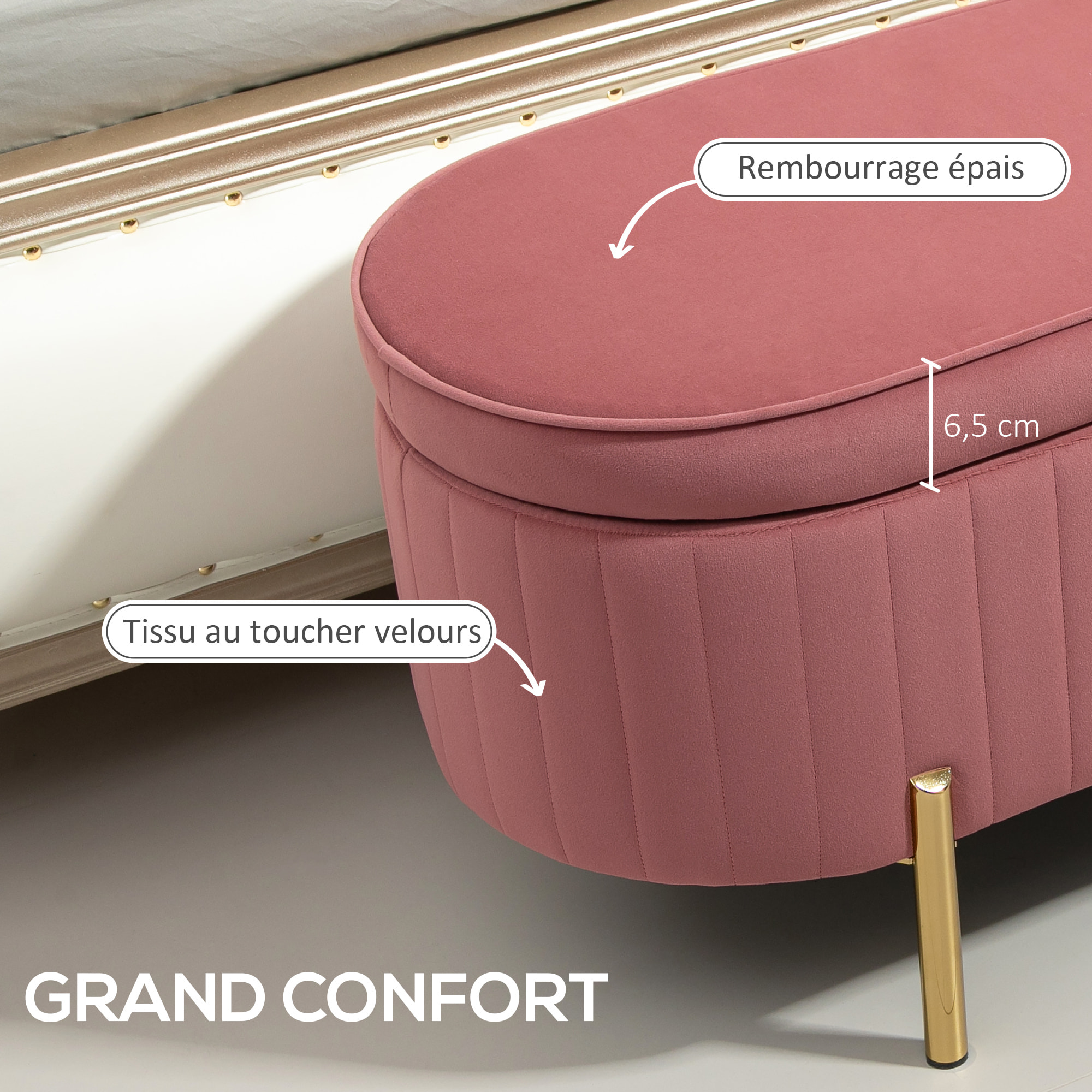 Banquette coffre 2 en 1 design ovale dim. 108x44x43cm velours rose poudré