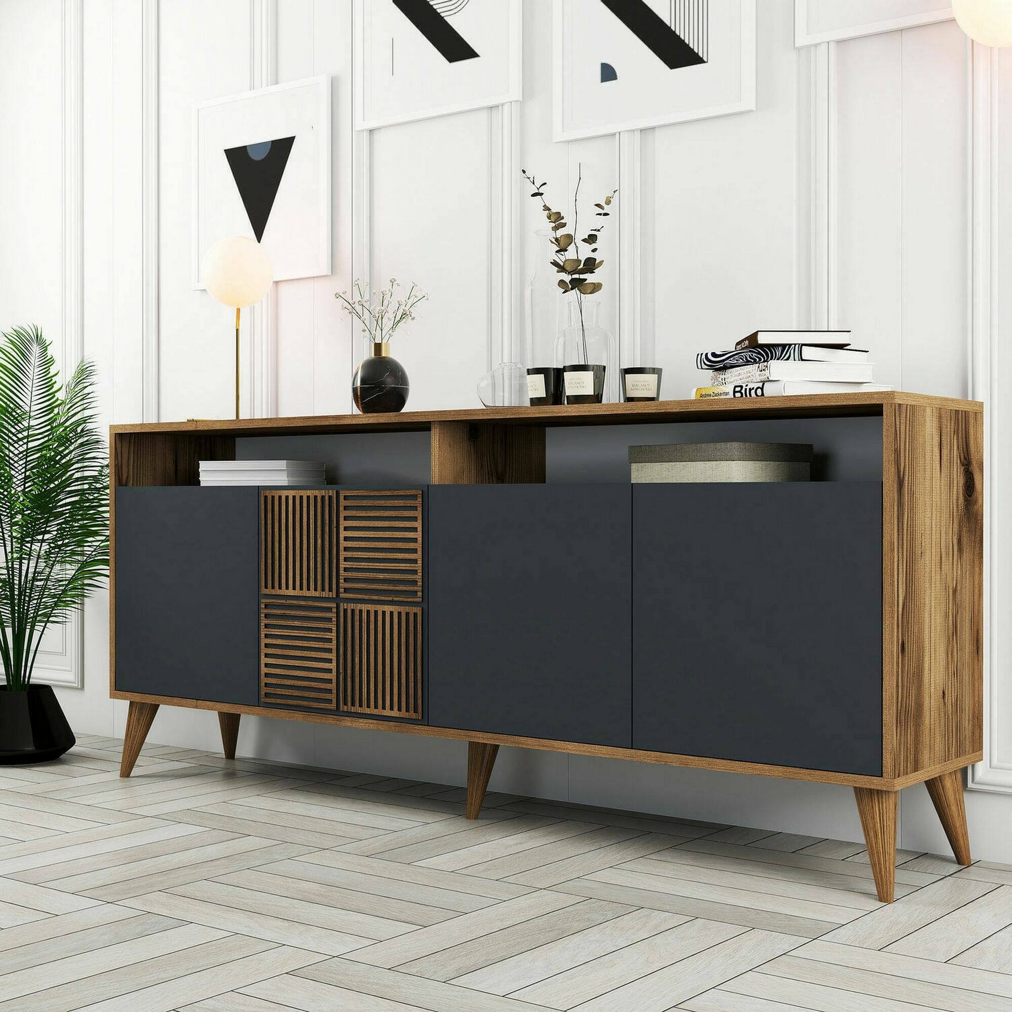 Consolle Jole, Credenza da soggiorno, Armadio basso per TV, Base parete attrezzata, 180x35 h79 cm, Noce e Antracite