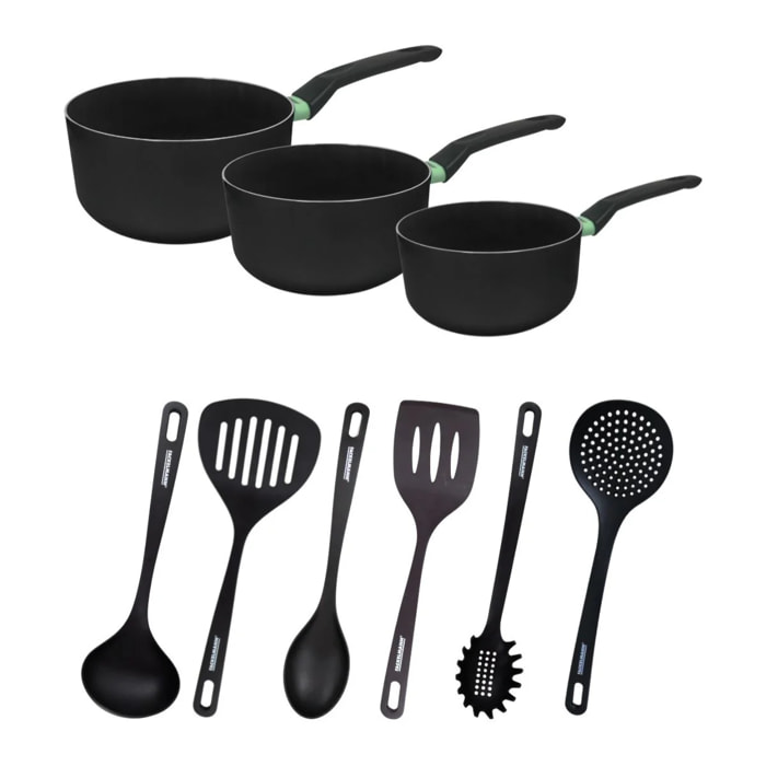 Set de 3 casseroles antiadhésives céramique 16, 18 et 20 cm et 6 ustensiles Fackelmann Brandao