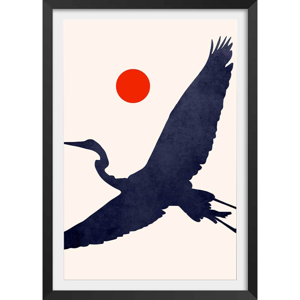 Affiche paysage Grue au soleil levant Affiche + cadre en bois - Noir