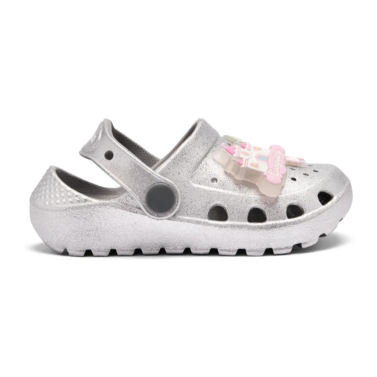Zuecos  de Niña Glitter Plateado con Detalles Luminosos y Temática de Castillo