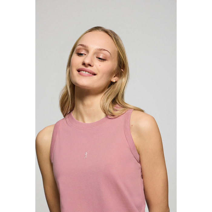 Maglietta basic rosa cipria smanicata a girocollo con logo Rigby Go ricamato