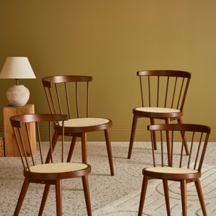 Lot de 4 chaises bois foncé en bois et cannage. Nora. L 53 x P 53.5 x H 76cm