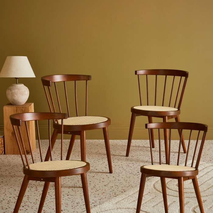 Lot de 4 chaises bois foncé en bois et cannage. Nora. L 53 x P 53.5 x H 76cm