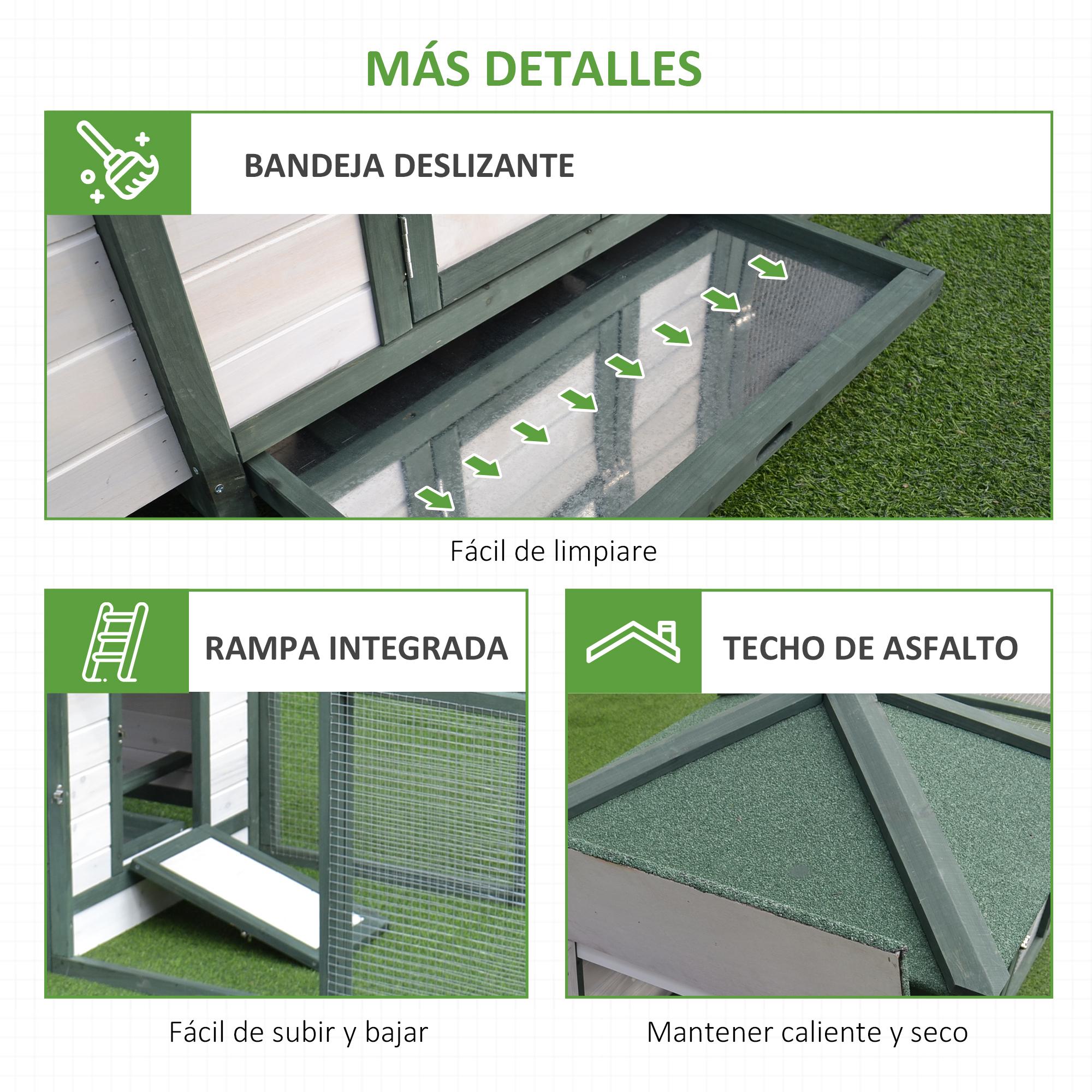 PawHut Gallinero de Madera de Pino Refugio Jaula para Gallinas Pollos Exterior con Caja Nido Bandeja Extraíble y Espacio para Correr 196x76x97 cm Verde y Blanco