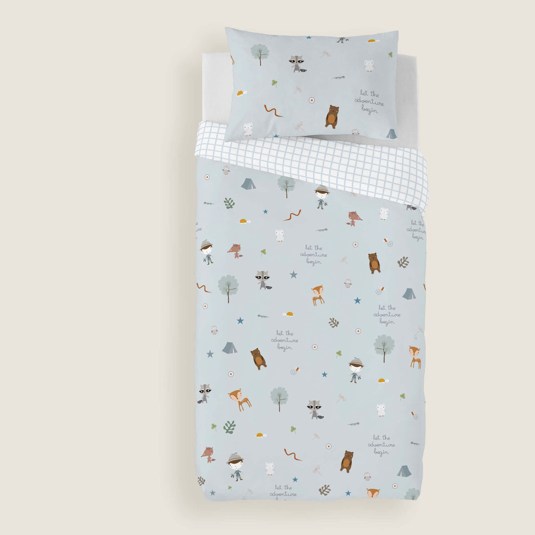 Funda Nórdica Estampada - Reversible - Infantil - Cierre Solapa - 100% Algodón - Incluye 1 Funda de Almohada - Cuna/Maxicuna - Aventura Bosque