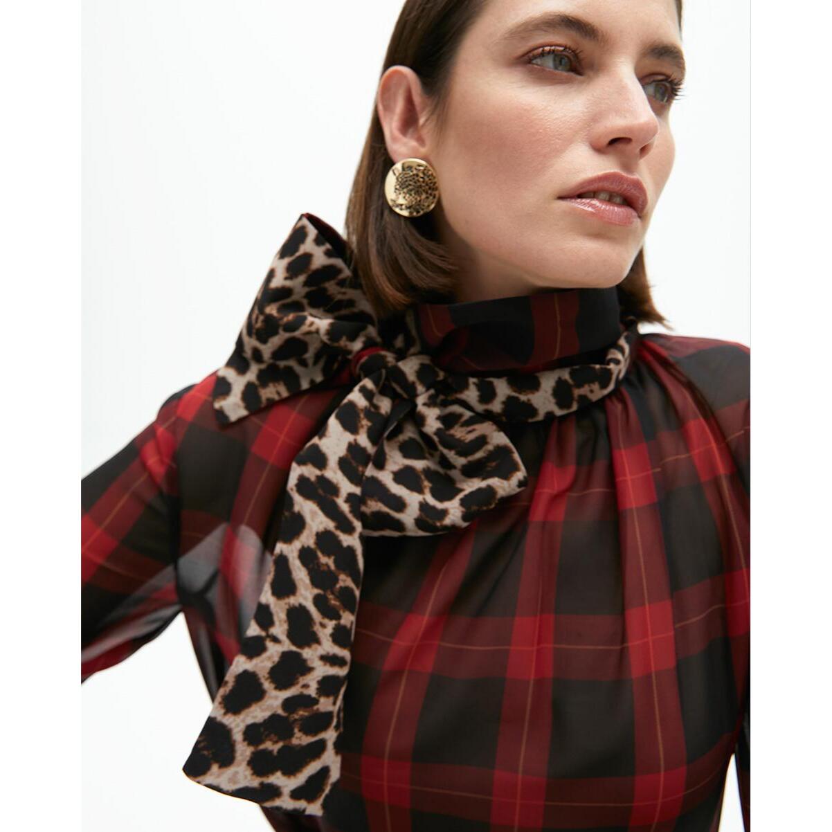 Camicia con Fiocco Stampa Animalier e Tartan