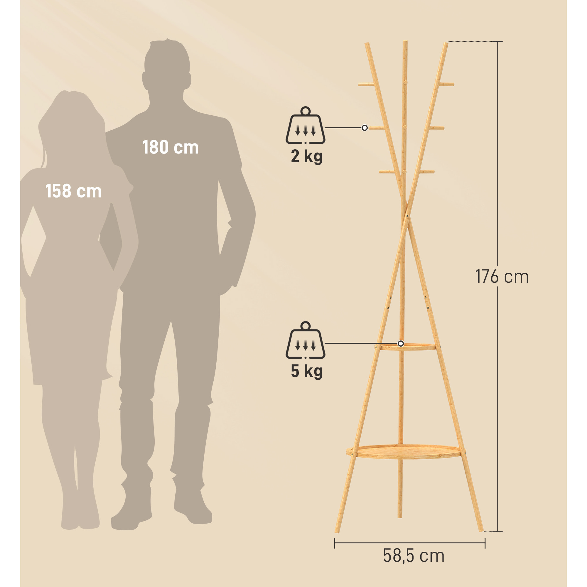 Perchero de Pie de Bambú, Perchero para Ropa con 2 Estantes y 9 Ganchos, Diseño Elegante, para Colgar Bolsas, Sombreros, en Pasillo, Entrada, Dormitorio, 58,5x58,5x176 cm, Natural