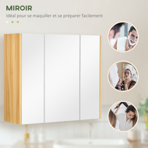 Armoire miroir salle de bain 3 portes 4 étagères aspect bois clair blanc