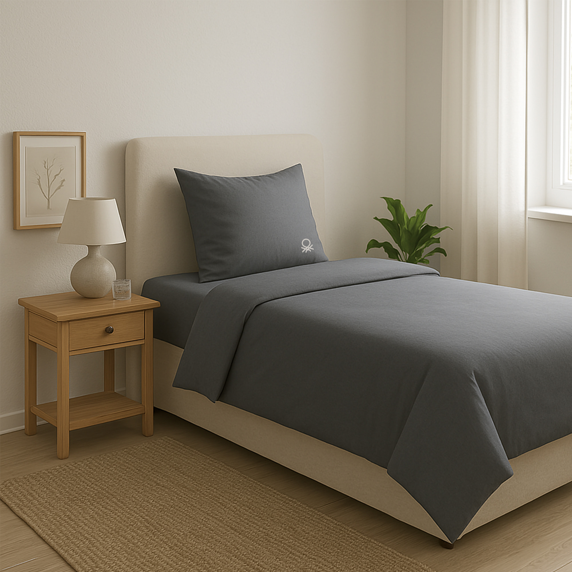 Set 2pc cama (1pc 150x220cm funda nórdica + 1pc 63x63cm funda de almohada) gris y beige tevere benetton 70%algodón + 30% poliéster